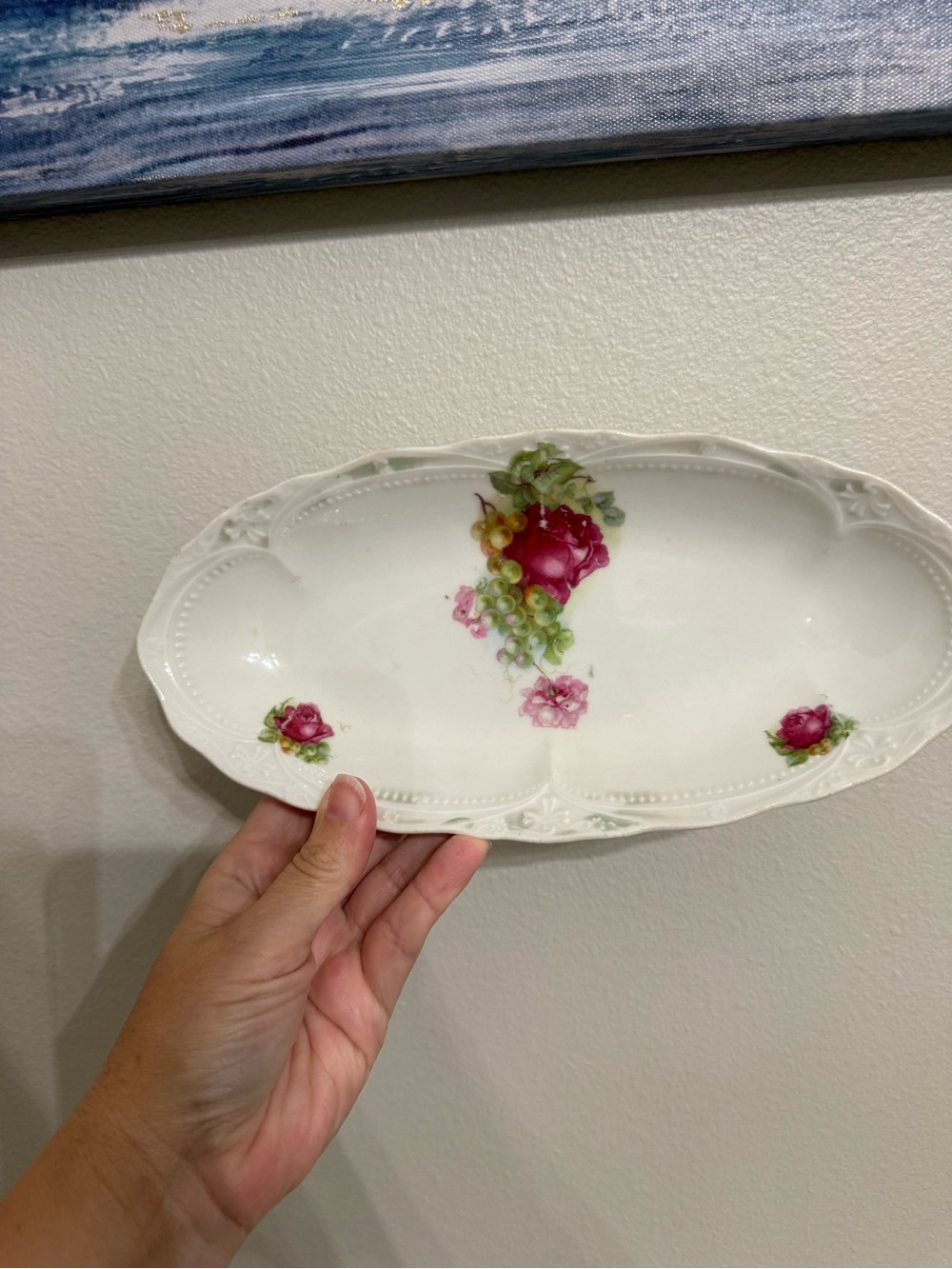 Vintage Porcelain Rose Floral Relish Dish 10” Victorian Cottagecore Serving Tray